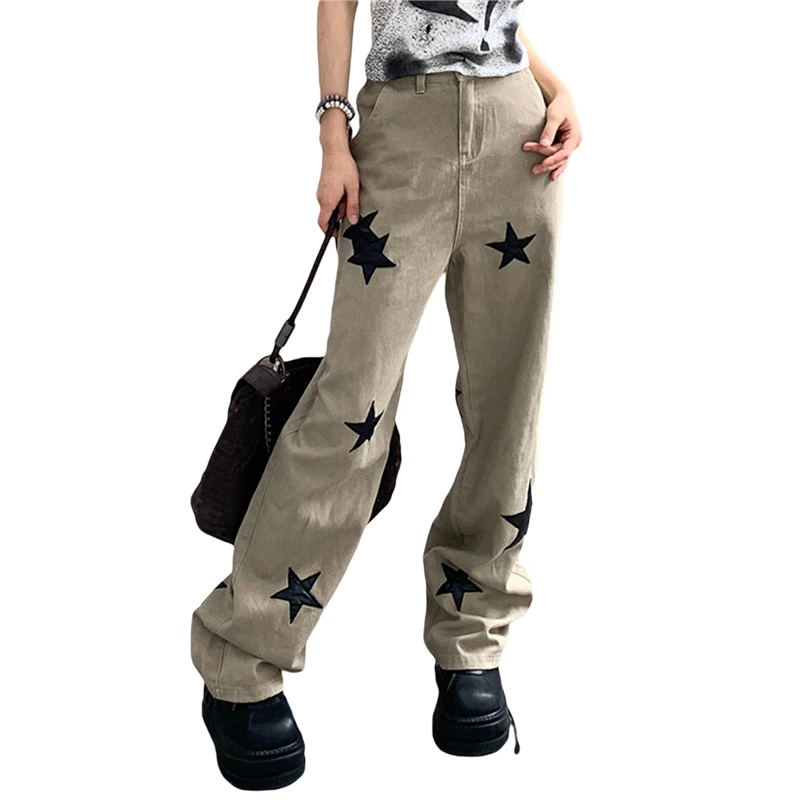 

Женские джинсы в стиле гранж Y2k, прямые брюки с высокой талией и принтом звезд в стиле 1920-х годов, винтажные джинсовые брюки, уличная одежда