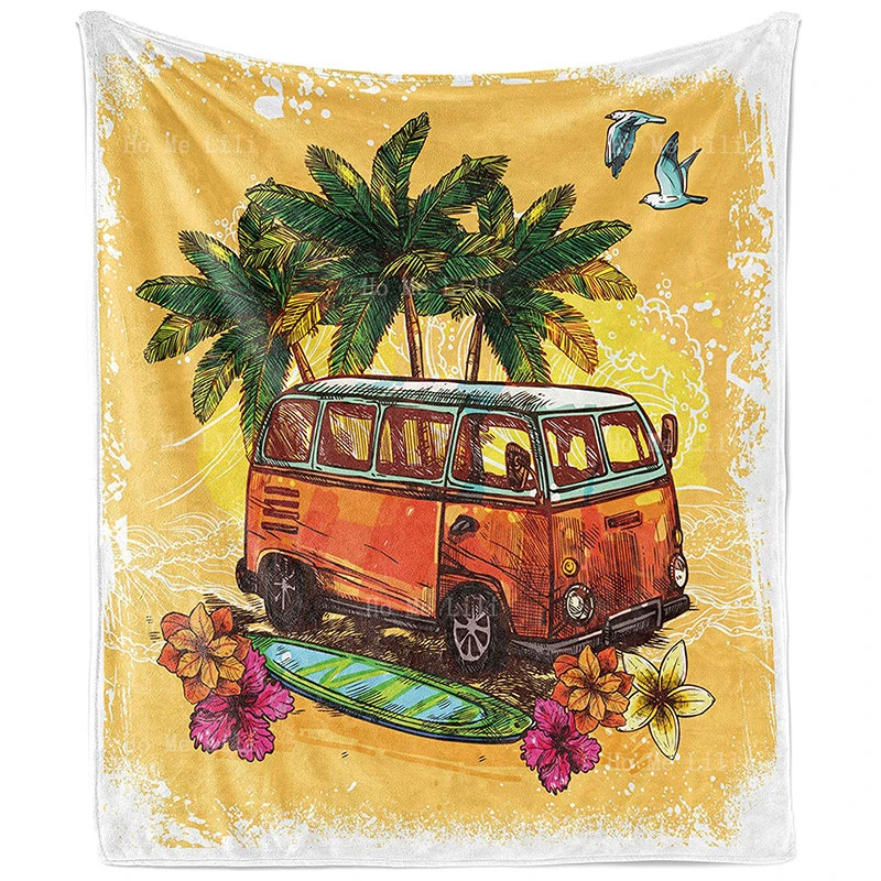 

Surf Hippie Classic Old Bus Surfboard Freedom Vintage Wooden Wall Summer Tropical Palm Beach Sufing Theme Flannel Blanket