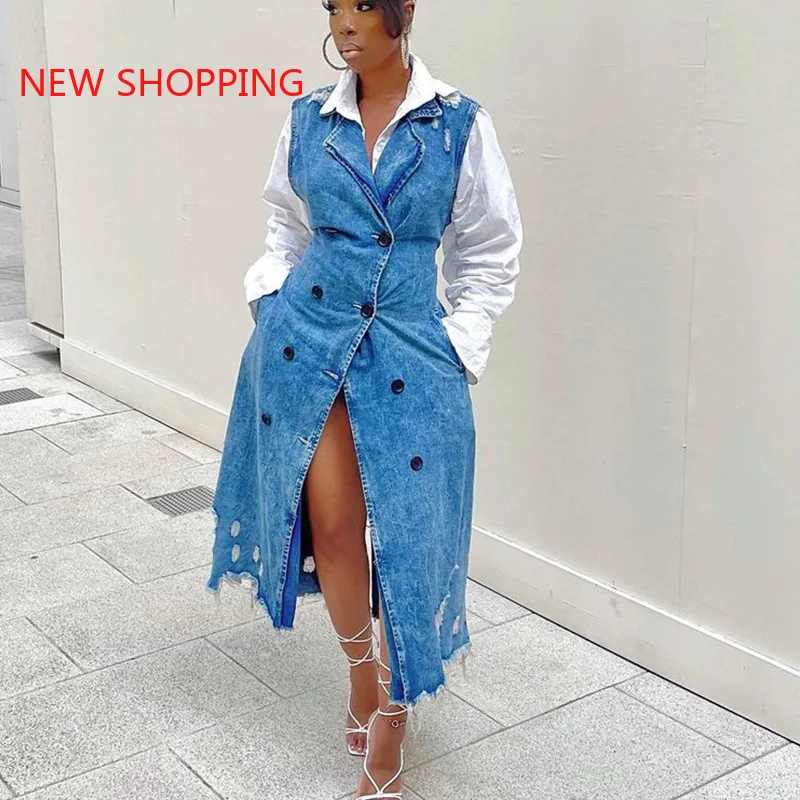

Office Lady Denim Dress Buttons Notched Sleeveless Women Denim Long Dress Elegant Vest Jacket Sash Vestido Solid Blazer Dresses