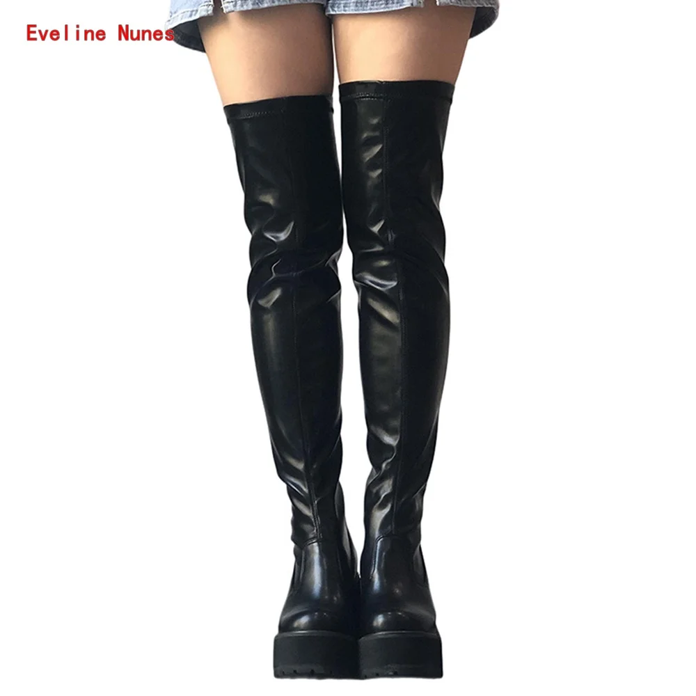 Black Platform Boots 2022 New Arrival Solid Over-the-knee Round Toe Chunky Heel Patent Leather Party Women's Fashion Shoes