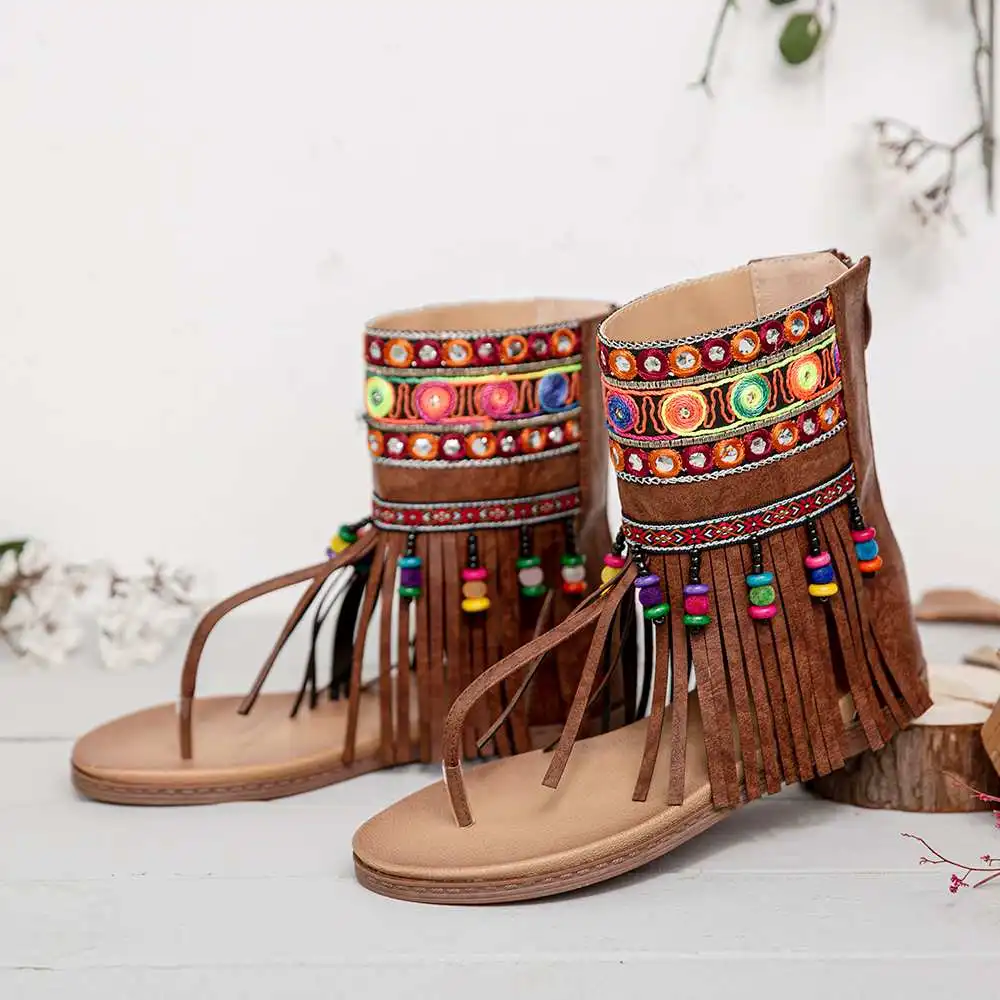

2022 New Summer Embroidery Clip Toe Back Zipper Mid Claf Flat Sandals Fashion Sandals Open Toe Beach Shoes Slippers For Women