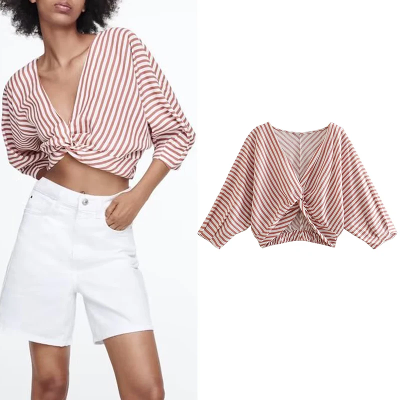 

2022 Spring Women Fashion Knotted Striped Shirt Versatile Long Sleeve V Neck Female Short Pullovers Chic Top MSD7082