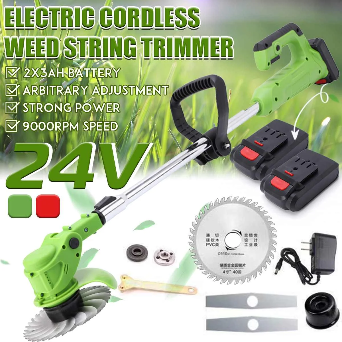 800W 24V Electric Grass Trimmer Cordless Lawn Mower Hedge Trimmer Adjustable Handheld Garden Power Pruning With 2Pcs Battery
