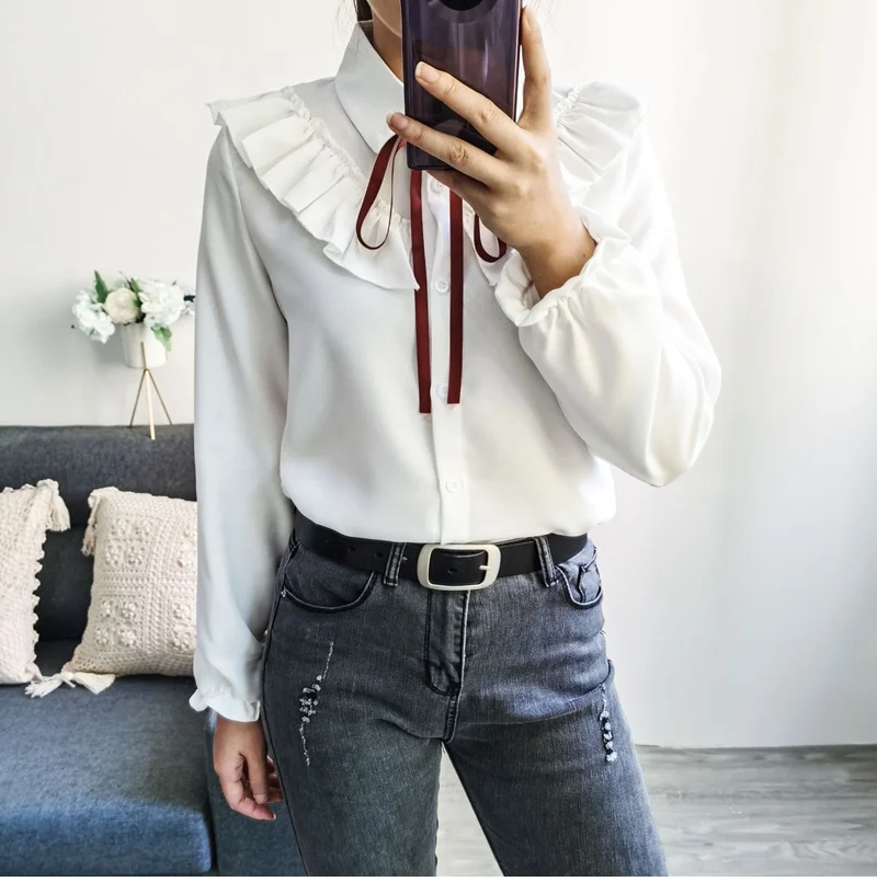 

Women's lapel ruffle bow long-sleeved shirt Women's casual solid color shirt