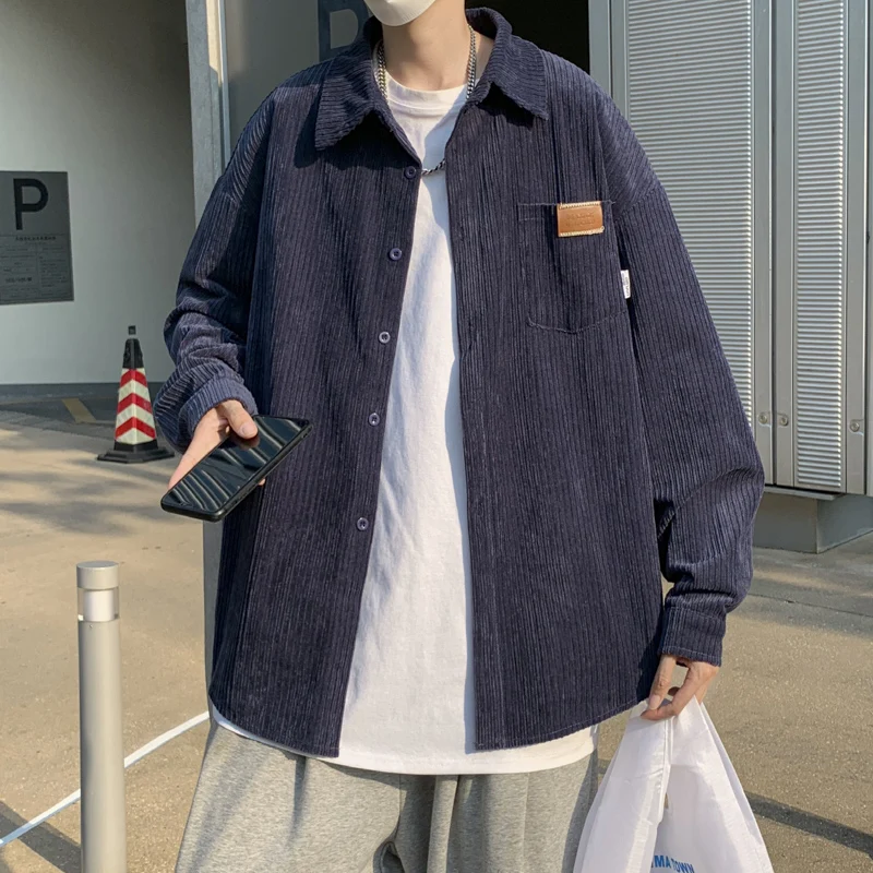 Korean Kpop Corduroy Coat Shirt Jacket For Men Grunge Clothes Punk Oversized Japanese Streetwear Unisex  Winter Casual Clothing