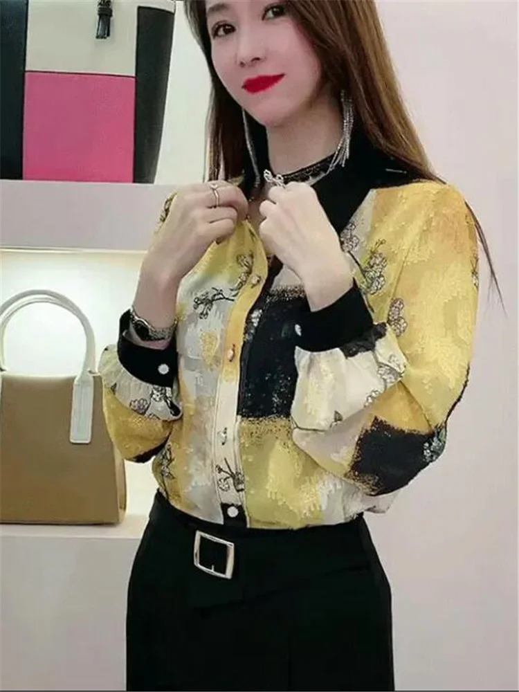

Vintage Print Chiffon Shirt Top Women Blouses Patchwork Open Stitch Polo Neck Shirt Loose Female Bluas Basic OL Woman Blouses