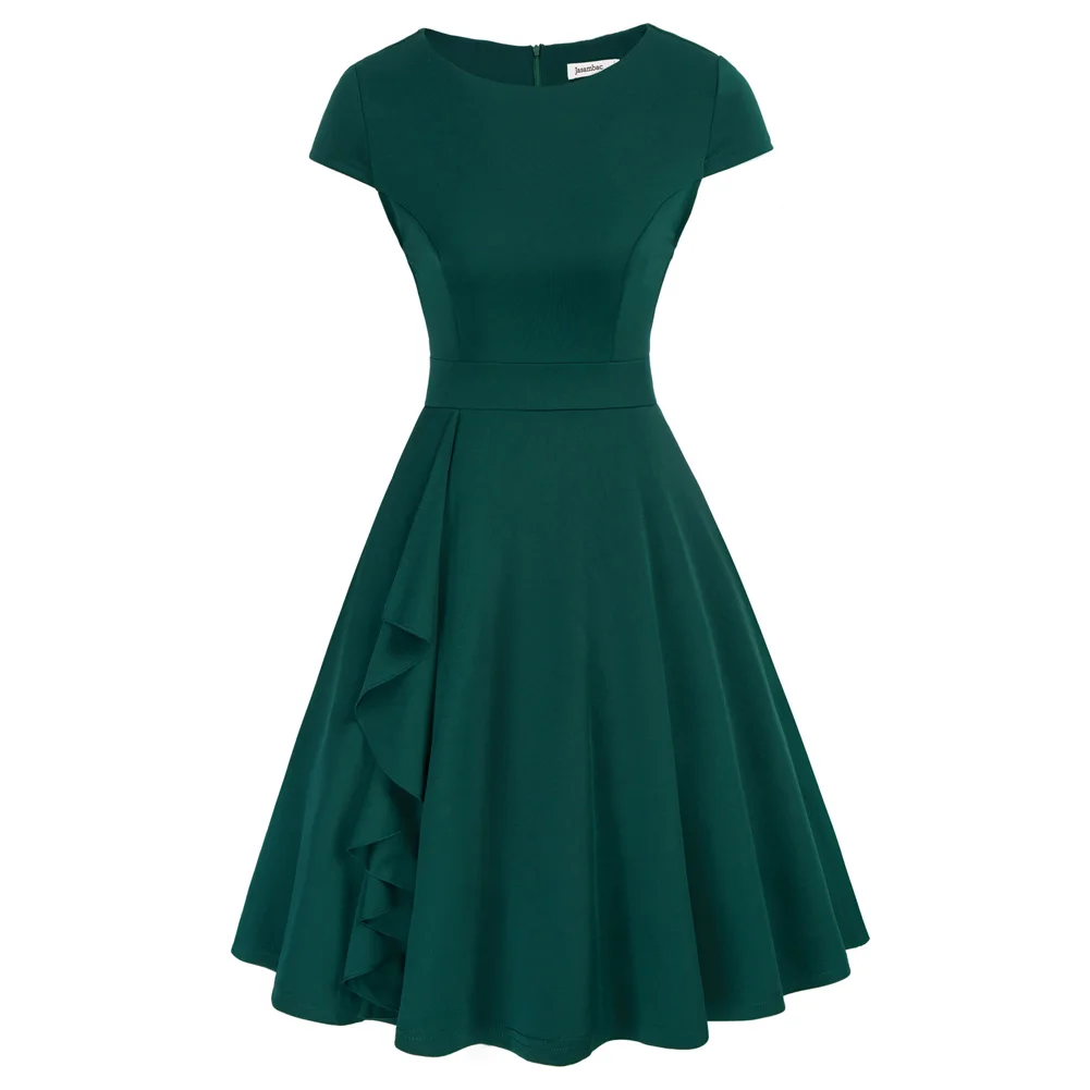 

Women Cap Sleeve Scoop Neck Dress Office Lady Ruffle Pleated A-Line Dress Elegant Female Solid Slim Fit Flared Dress Vintage