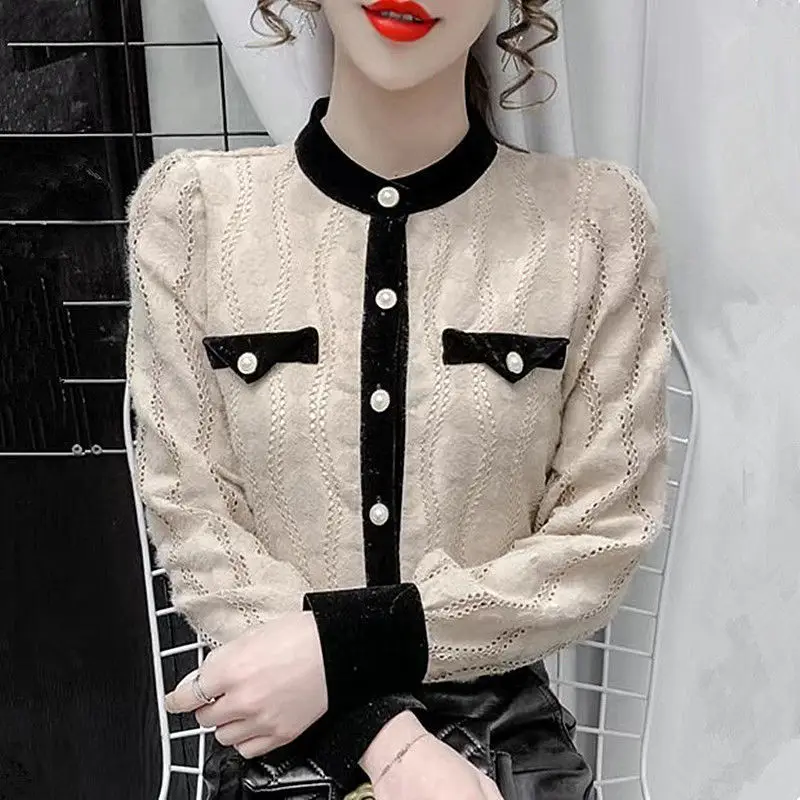 

Blouse lace grinding shirt 2022 autumn and winter long-sleeved bottoming shirt qi contrast color stitching small shirt female