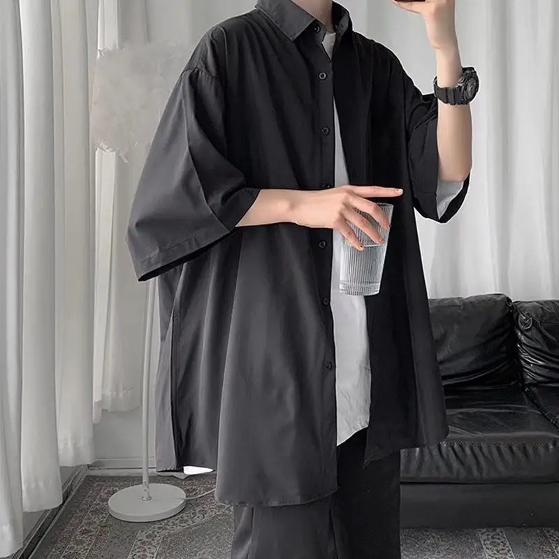 

Summer shirt two piece set men's simple loose villain handsome shirt casual fashion light color mature style with ice silk suit