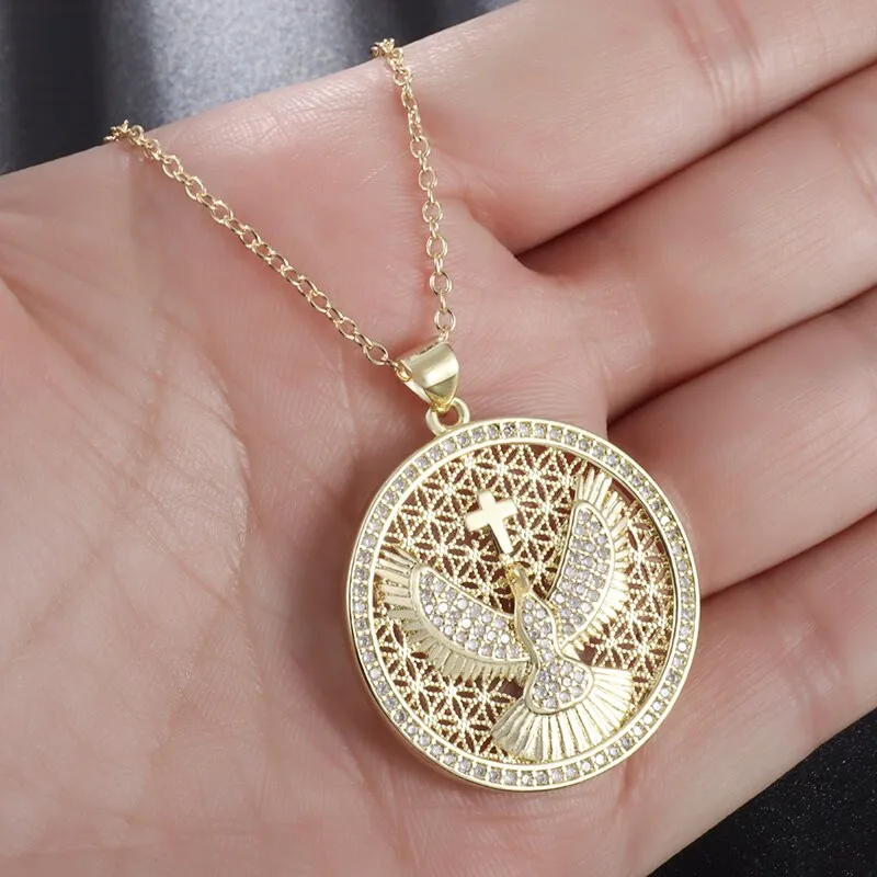 

New Exquisite Gold Color Rappong Bird Cross Necklace Charm Ladies Zircon Pendant Clavicle Short Necklace Jewelry