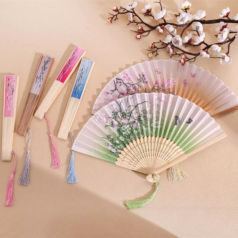 

Vintage Chinese Style Spun Silk Folding Fan Japanese Plain Pattern Art Craft Gift Home Decoration Ornaments Dance Hand Fan