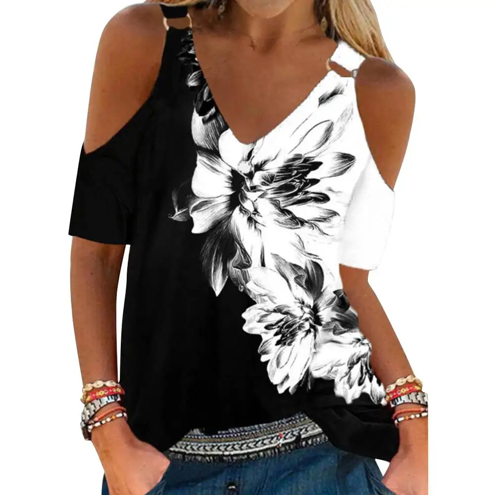 

Sexy Cold Shoulder Short Sleeve Floral Printed T Shirts Women Off Shoulder Tops Summer Casual V-Neck Vintage Blusas Tee Shirt