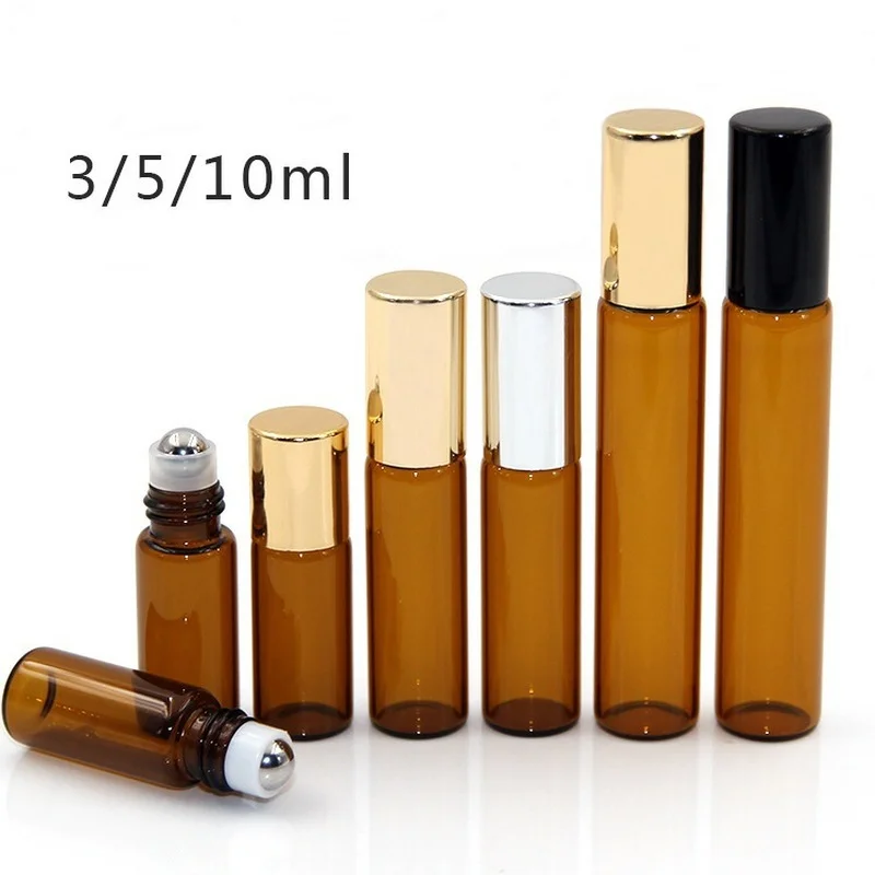 

5-Pack Amber Roller Glass Roller Bottle 3ML 5ML 10ML with Stainless Steel Refillable Essential Oil Fragrance Bottle Container