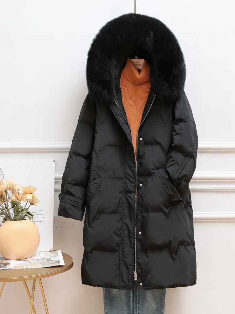 New Women Fox Fur Collar Long Down Jacket Casual Style Autumn Winter Coats And Parkas Female Outwear
