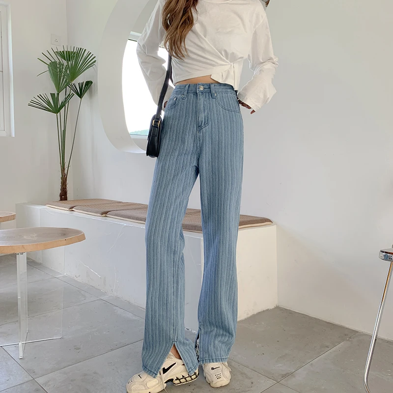 Spring And Autumn Striped Jeans Women'S Loose Straight Pants 2022 New Korean High Waist Wide Leg Trendy Summer Trousers