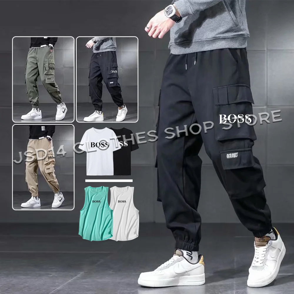 

Men Letter Printed Cargo Pants Multi-Pocket Harem Joggers Harajuku Sweatpant Hip Hop Casual Tide Male Trouser T-shirt Tank