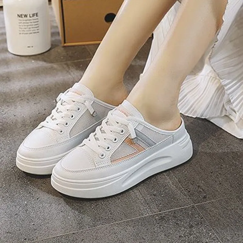 

Fashion White Shoes Female 2022 New Style Increased Wild Flat-bottomed Summer Thin Section Baotou Half Slippers