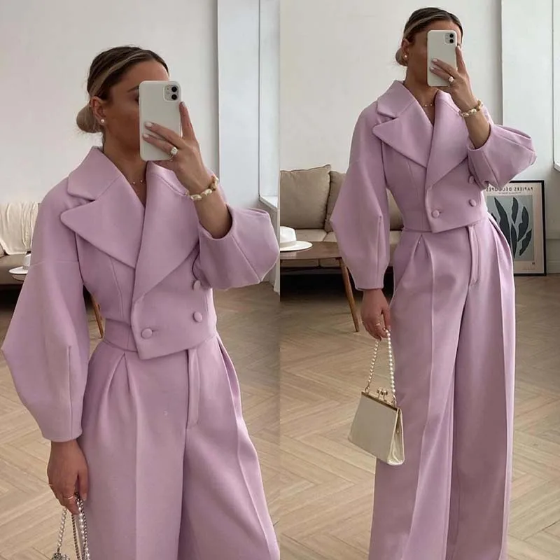 Winter Women Elegant Lantern Sleeves Two Piece Sets Leisure Loose Cropped Coat And Wide Leg Pants Suit Chic Office Lady Outfits