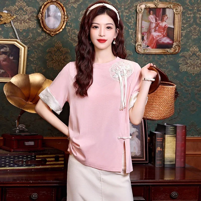 Футболка женская легкая с вышивкой в китайском стиле лето 2024