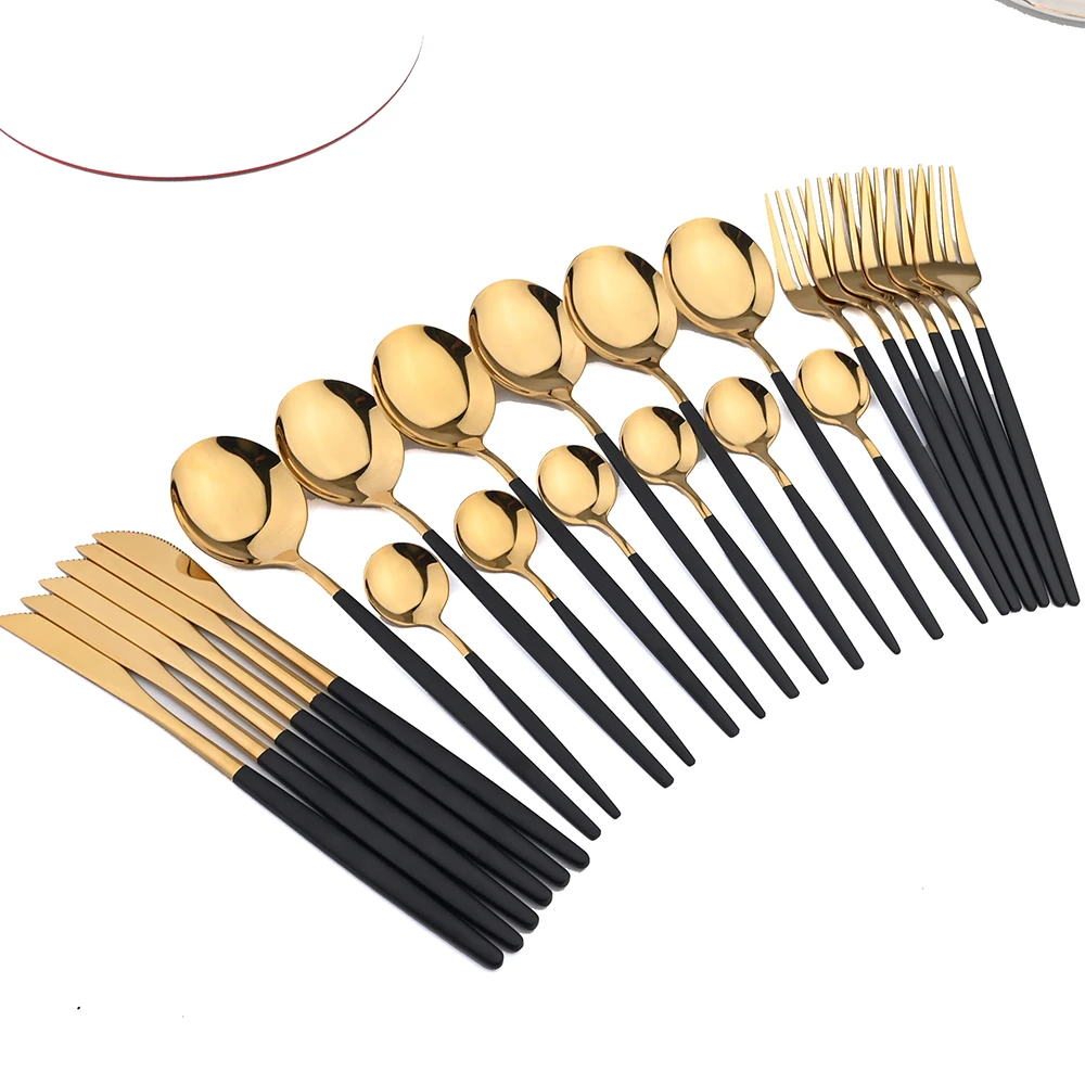 

Набор столовых приборов AJOYOUS, 24 шт., нож, вилка, чайная ложка, черная, Золотая посуда, столовые приборы из нержавеющей стали, зеркальные столов...