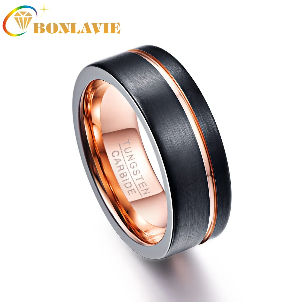 

Мужское кольцо BONLAVIE с черной матовой отделкой, обручальные кольца из карбида вольфрама с розовым золотом, 8 мм