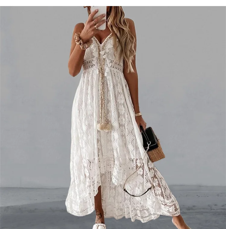 

Женское кружевное платье на бретельках, элегантное однотонное платье с V-образным вырезом и открытыми плечами, лето 2022