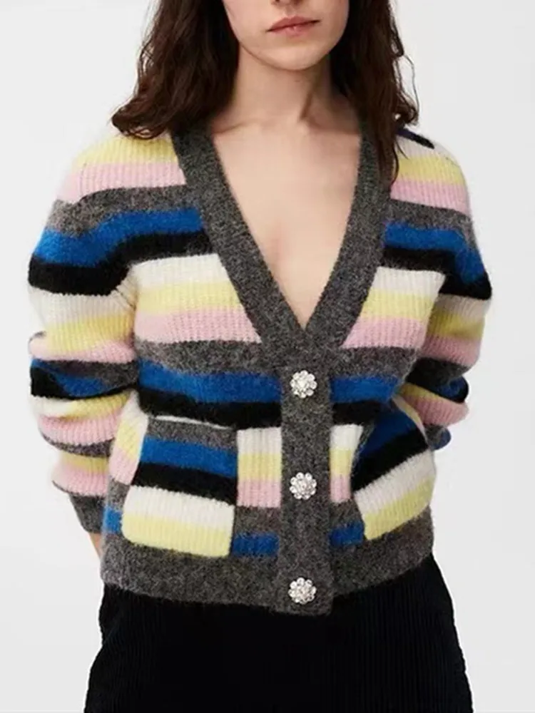 

2023 Autumn New Women Wool Blend V-Neck Single-Breasted Fashion Colorful Striped All-Match Casual Knit Sweater Cardigan
