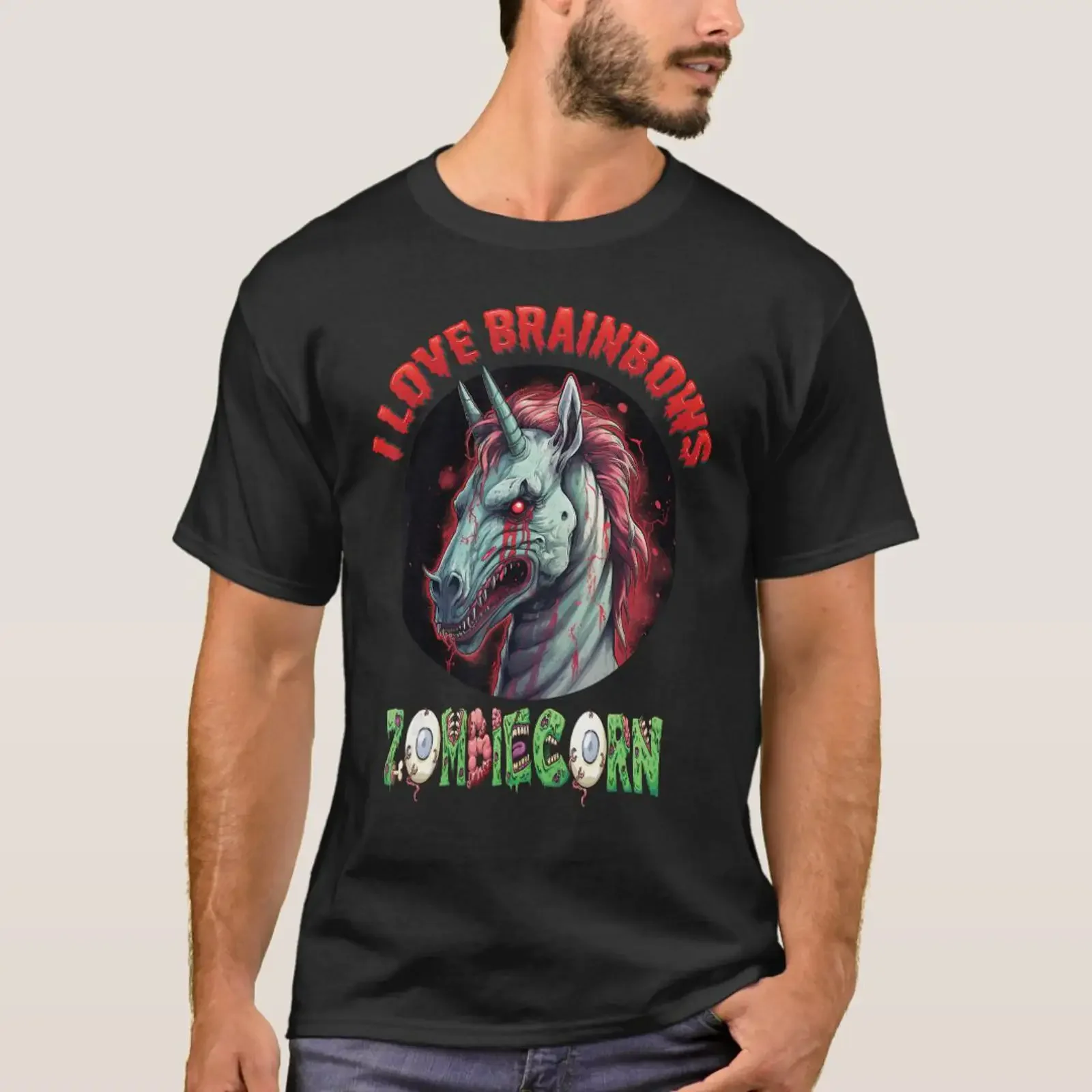 Фото Футболка Zombiecorn Zombie Unicorn I Love Brainbows Punk Ha, винтажная, с эффектом потертости, унисекс, повседневная, универсальная, в стиле стритвир, слегка эластичная №1