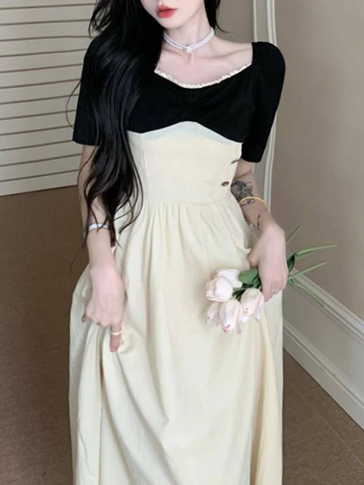 

French Gentle Woman Summer Elegant Dress Square Collar Splicing Chic Design High Waist Slim Fit Midi Dress Fake Two Piece Dress