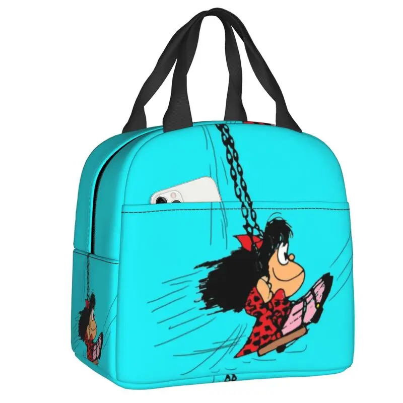

Изолированная сумка-тоут для обеда Happy Mafalda для женщин, мультяшный Quino, комикс, многоразовый охладитель, термальная коробка для бенто, для детей и школьников