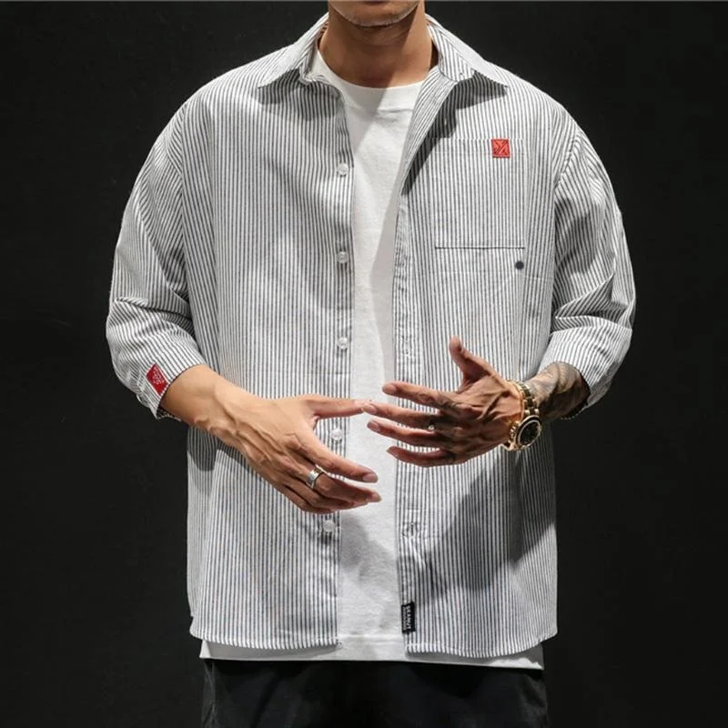 

Men's Casual Shirts Stripe Men Shirt Style Fashion Turn-down Callor Retro Short Sleeve Comfortable White Blusa Masculina
