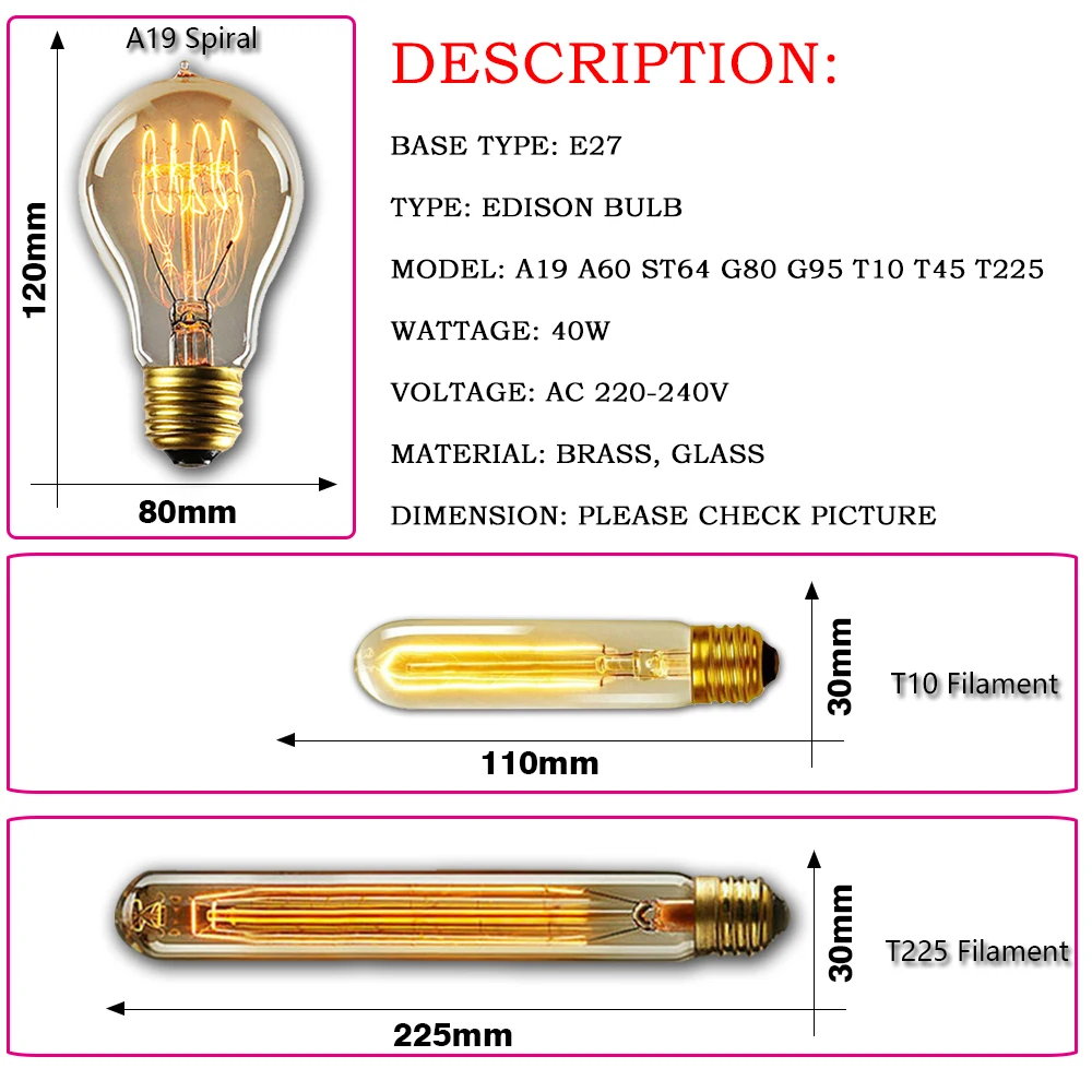 Ретро эдисона лампочки E27 220 В 40 Вт ST64 A19 A60 G80 G95 T10 T45 T185 нити ампулы лампы