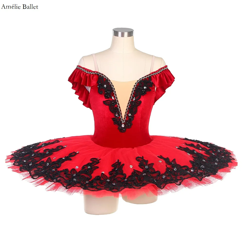

BLL501 Off Shoulder Red Velvet Bodice with Black Applique Decorated Pre-professional Ballet Tutu Girls & Women Perfofmance Tutu