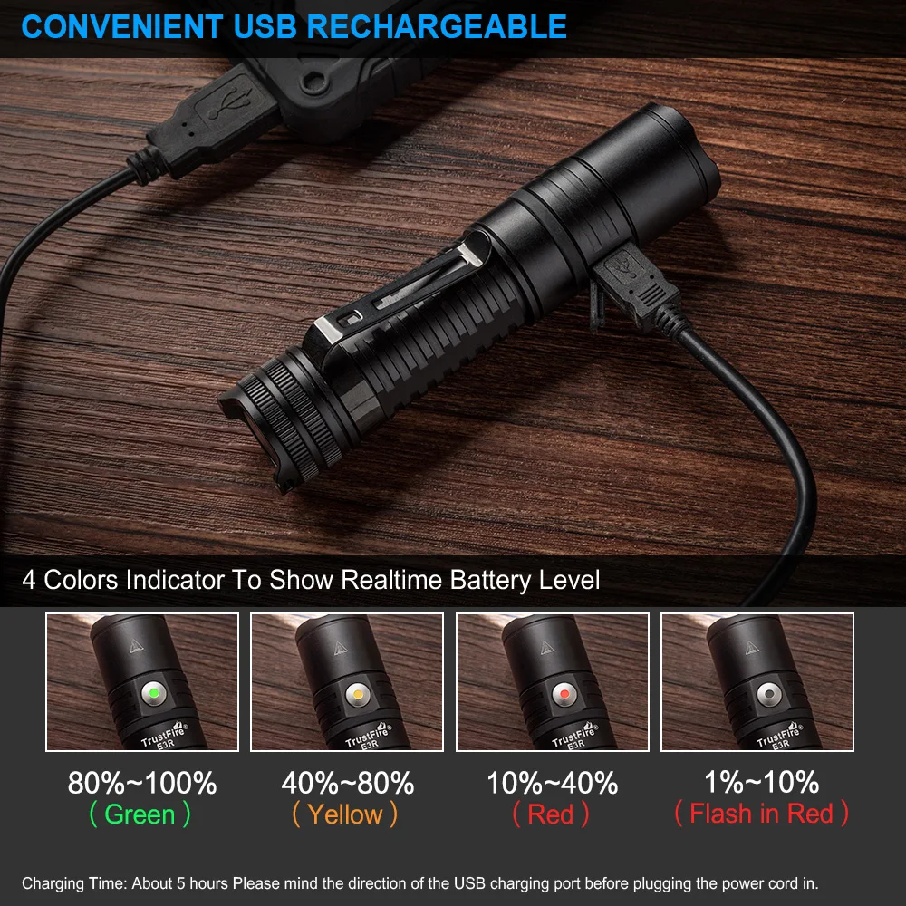 Фото Trustfire E3r светодиодная Usb-вспышка, флэш-память 1000 люмен, 18650, перезаряжаемая лампа для повседневного использования, Ipx8, водонепроницаемая работа, Usb-зарядка №4