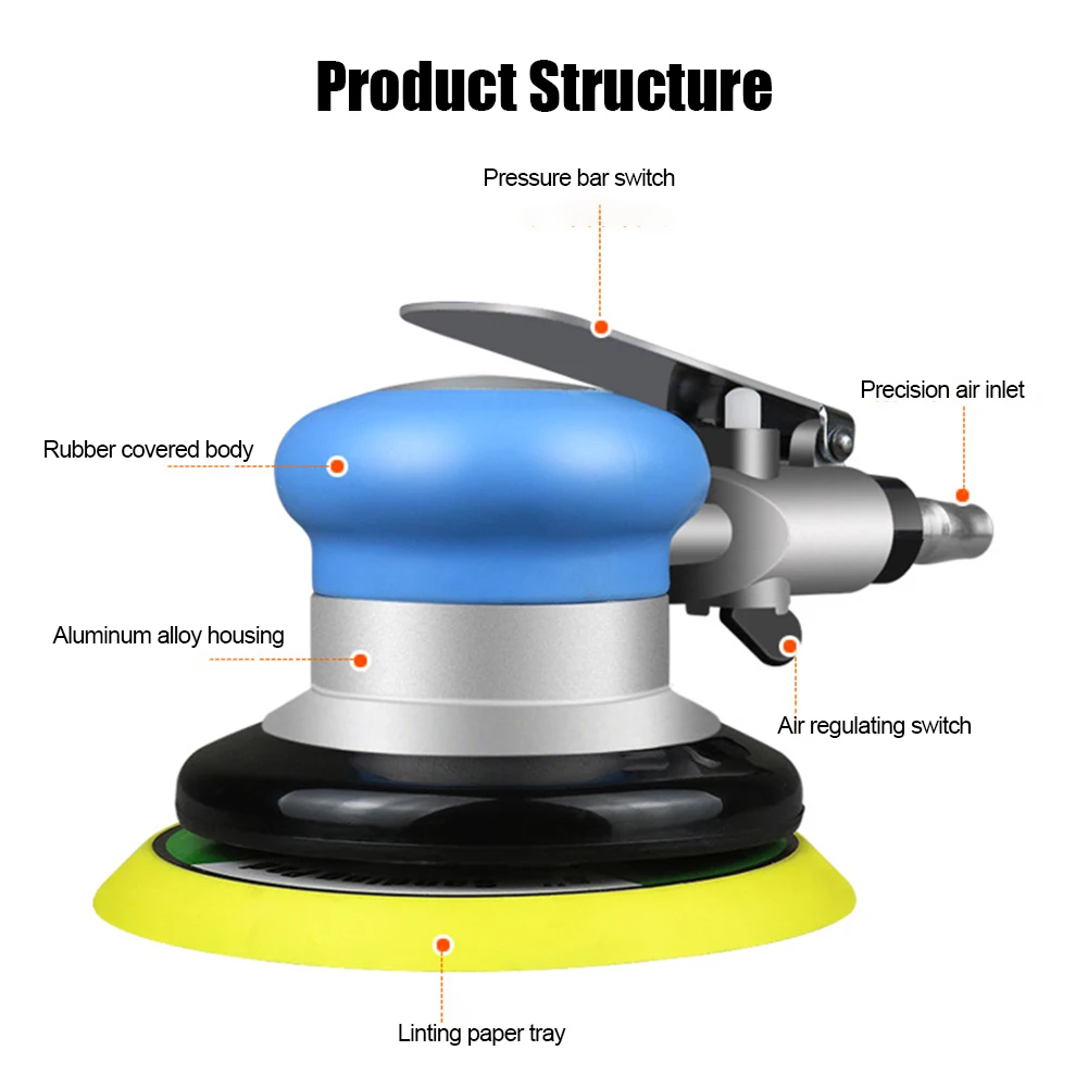 

5 Inch Pneumatic Sandpaper Machine 5MM Deflection Circular Air Polished Grinder 12000rpm for Car Waxing/Wood Furniture Polishing