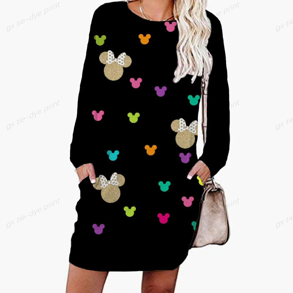 

Disney Minnie Mickey Mouse Hoodie Women's Casual Long Sleeve Pocket Pullover Sweatshirt Dress Loose Bodysuit Sweater Dress
