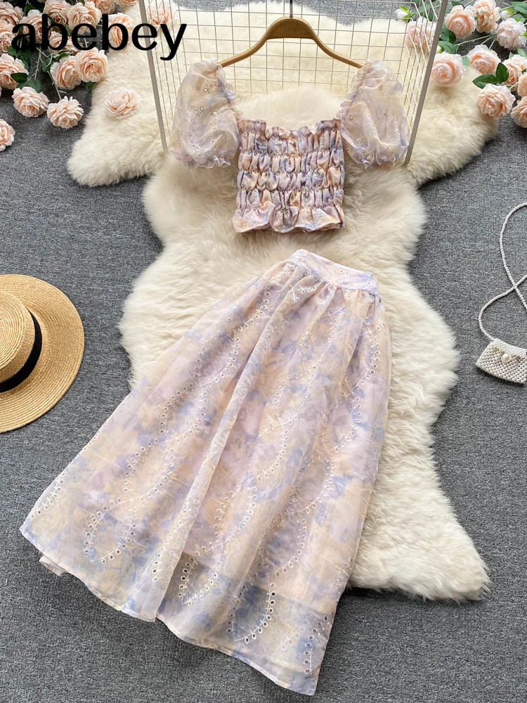 

Women Printing Two Piece Sets square collar 2022 Puff Sleeve Shirt High Waist A-line Midi Long Skirt Vintage