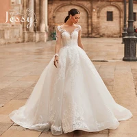 Luxury Vintage Wedding Dress Embroidered Lace On Net Ball Gown Train Corset O-neck Full Sleeve bridal Lace Up Robes De Mariée