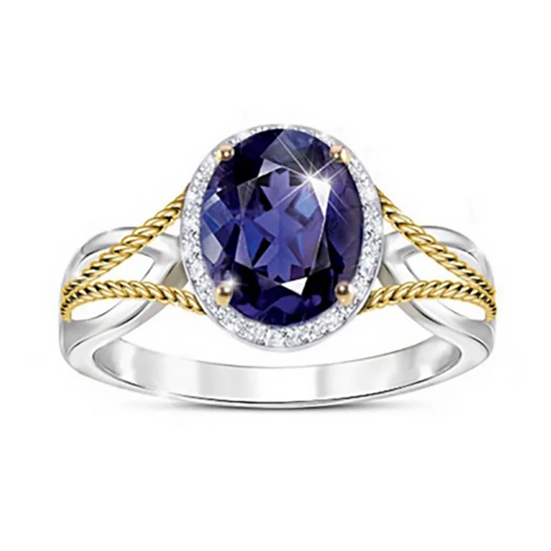 

Classic Hollow Golden Chain Purple Oval Crystal Inlaid Zirconium Silver Color Female Ring for Women Party Jewelry Accessories