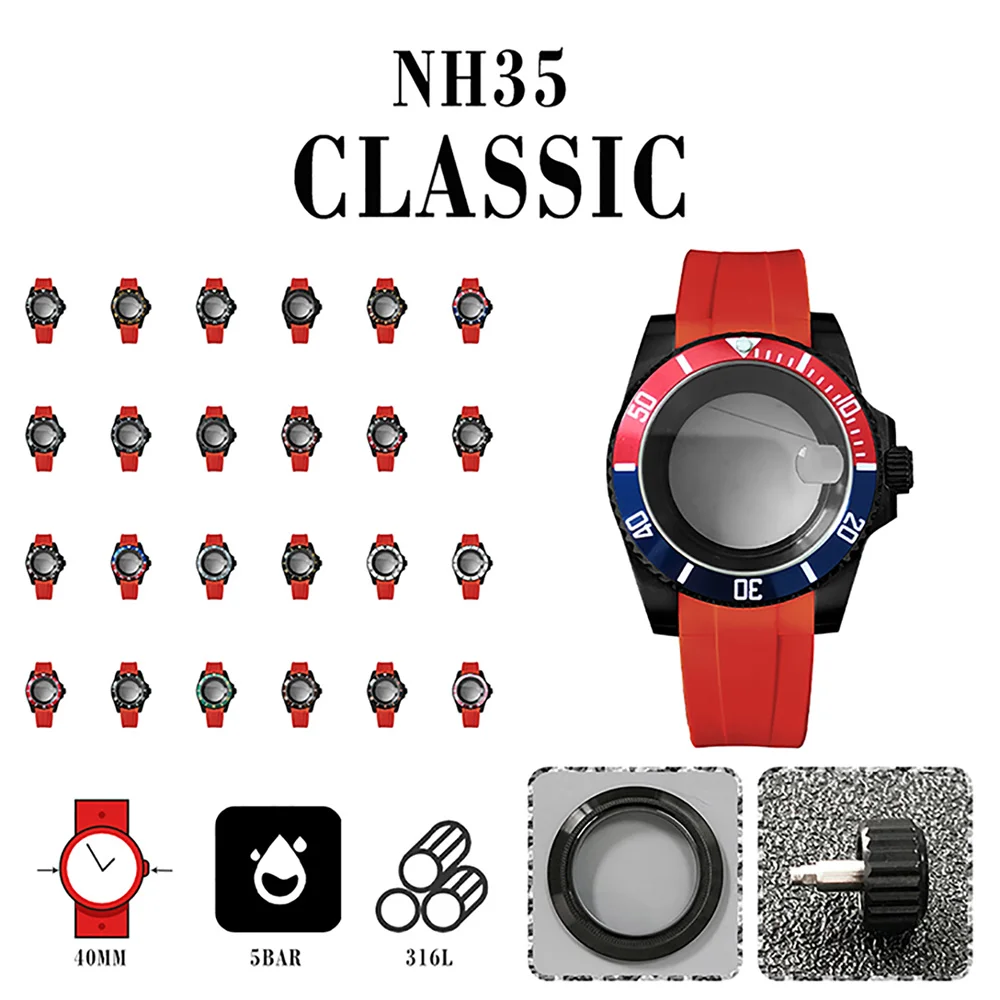 

Full Set Black Watch Case Red Silicone Strap 316L Clear Bottom Shell Sapphire Magnifying Glass OMJ/GMT Bezel for NH35/ NH36 Movt