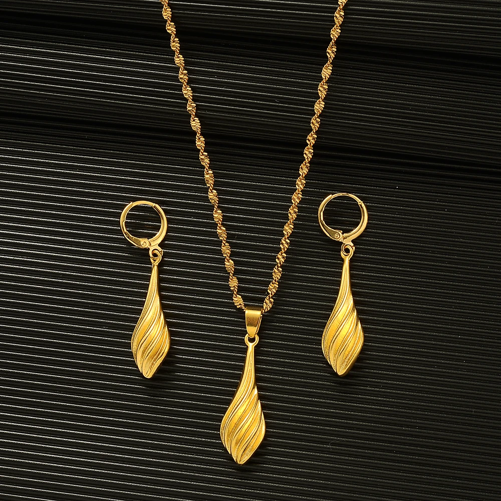 

Dubai India Gold Waterdrop wedding Necklace Earrings Pendant Jewelry Sets women girl wedding bridal Party souvenir charms gift