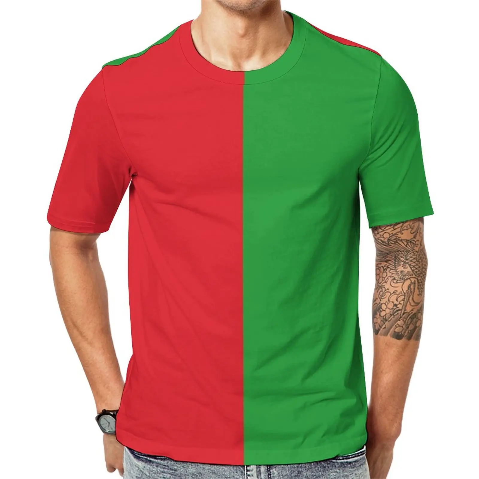 

Two Tone Design T-Shirt Red And Green Cool T-Shirts Male Street Style Tee Shirt Original Short-Sleeved Print Top Tees Plus Size