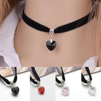new korea fashion velvet choker crystal heart pendant necklace for women black ribbon clavicle chain collar wedding jewelry gift