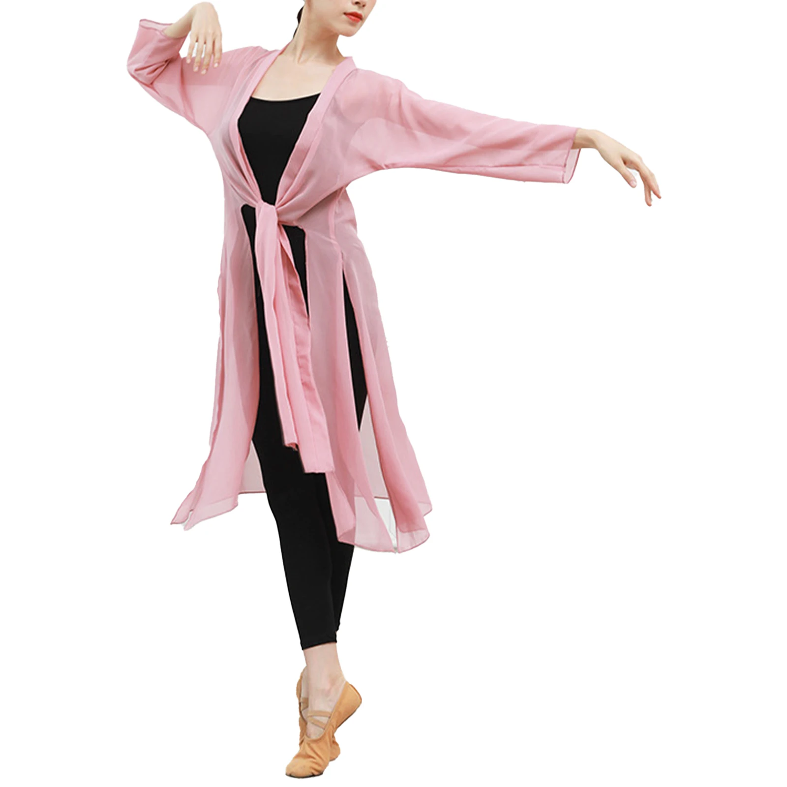 

Women 3/4 Sleeve Split Chiffon Tops See-Through Open Front Irregular Hem Long Robe Dance Tops Classical Dancing Costume