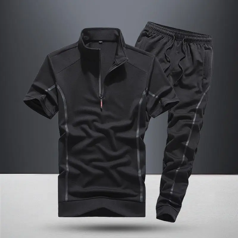 Clothes for Men Summer Short-sleeved Trousers Set Thin Vertical Collar Sportswear New Casual Business Two-piece Set