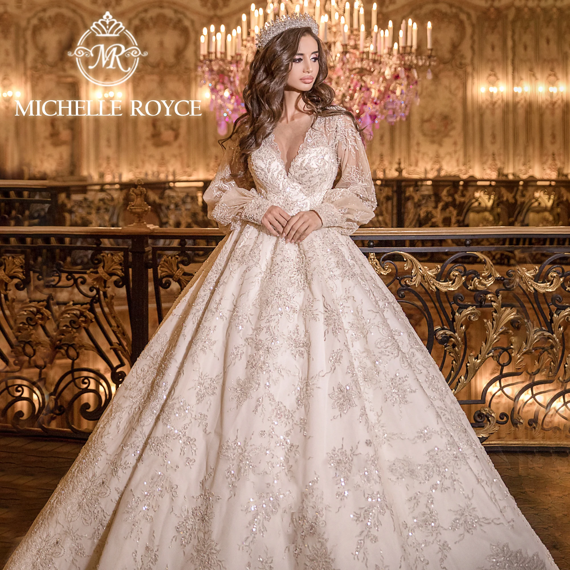 Женское платье с пышными рукавами Michelle Royce роскошное бальное блестками свадебное