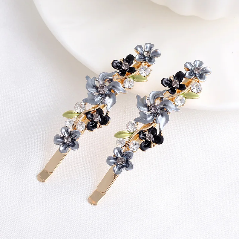 

New Korean paint flower word clip retro literary crystal pair clip side bangs clip elegant women's fashion hair accessories