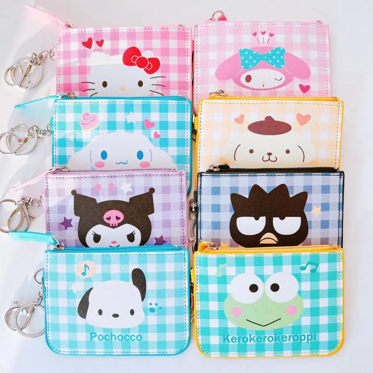 

Kawaii Sanrios Anime Pachacco Cinnamoroll Plaid ID Holder Kuromi My Melody Student Bus Card Holder Keychain Gifts for Girls