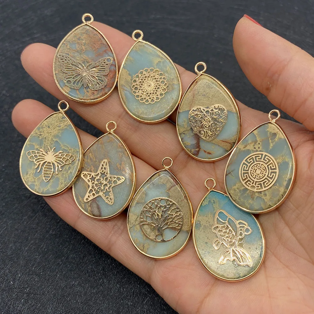 

Natural Stone Drop Shape Light Blue Shoushan Stone Pendant 26x35mm Metal Patch DIY Ladies Charm Necklace Earring Accessories