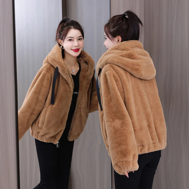 

2022 Winter Women's Fleece Thickened Imitation Rabbit Fur Hooded Jackets Loose Plush Short Coats Students Casual Warm Tops JH893